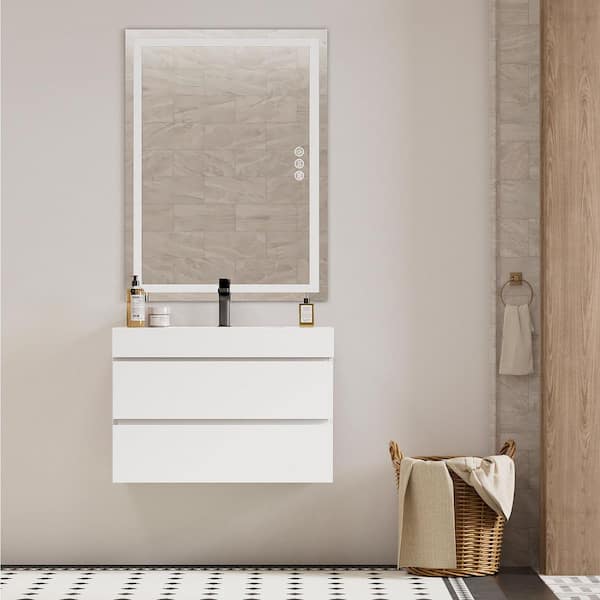 NOBLE 24 in. W x 18 in. D x 25 in. H Single Sink Floating Bath Vanity in White with White Solid Surface Integral Top