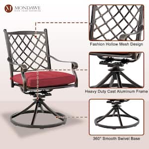 Cast Aluminum Outdoor Dining Chair Diagonal-Mesh Backrest 360 Degrees Swivel Chairs with Red Cushions (Set of 4)