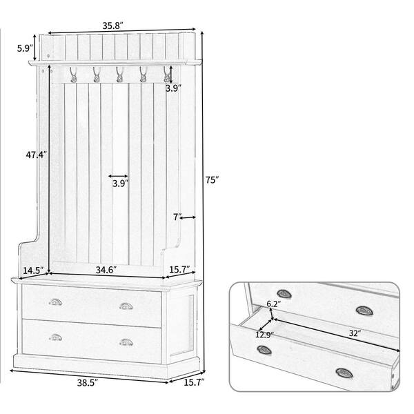 URTR Black Hall Tree and Shoe Storage Bench with Drawers, Wooden