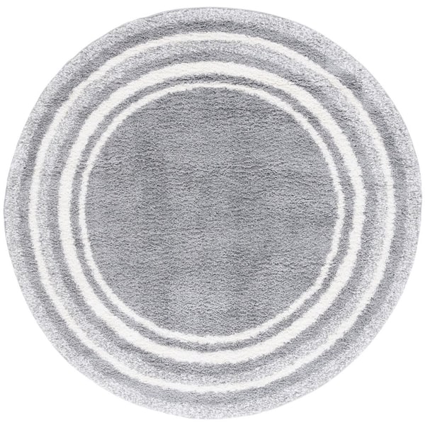 SAFAVIEH Border and Stripe Shag 7 ft. x 7 ft. Gray/Ivory Concentric Border Round Area Rug