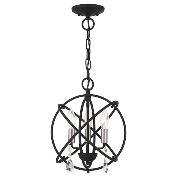AVIANCE LIGHTING Cahill 12.625 in. 3-Light Black Convertible Mini Chandelier/Semi Flush with Satin Nickel Candles and Crystals