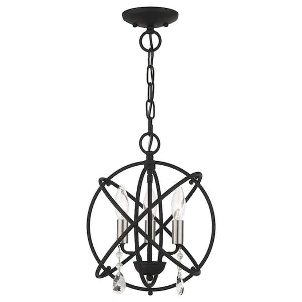 Livex Lighting Aria 3-Light Black Convertible Mini Chandelier/Ceiling Mountwith Satin Nickel Candles
