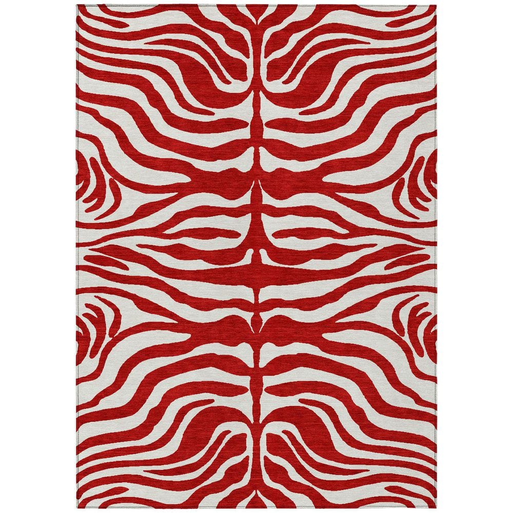Red and White Zebra Pattern Washable Synthetic Area Rug