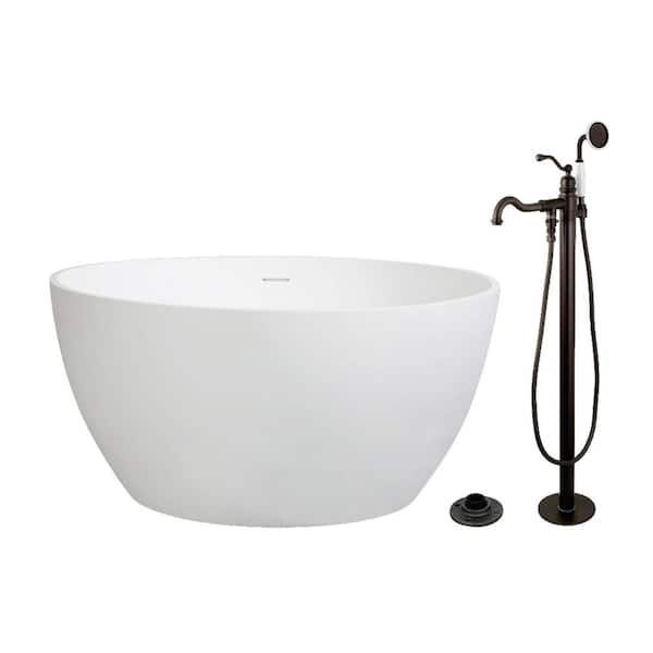 Arcticstone 45.6 in. x 45.6 in. Surface White Stone Flatbottom Soaking Freestanding Bathtub in White/Oil Rubbed Bronze