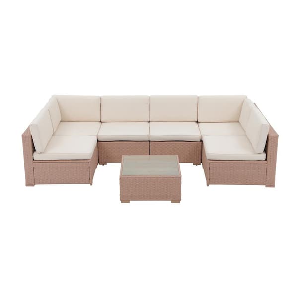 Freestyle 7-Piece Wicker Outdoor Conversation Sectional Seating Set with Coffee Table, Light Beige Cushion