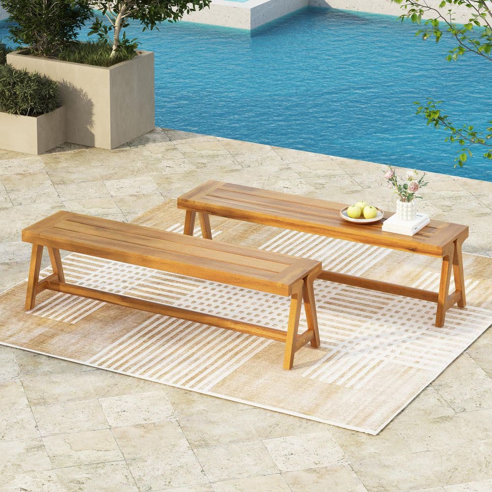Teak Acacia Wood Durable Outdoor Ottoman with Slat Panel Tabletop
