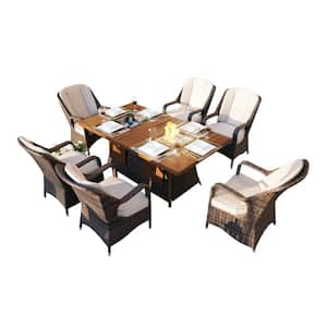 Fire and Ice Brown 7-Pieces Wicker Patio Conversation Fire Pit Table Set with Beige Cushions and ice bucket