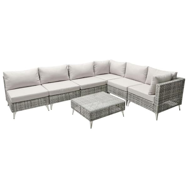 7-Piece Wicker Outdoor Sectional Set with Gray Cushions