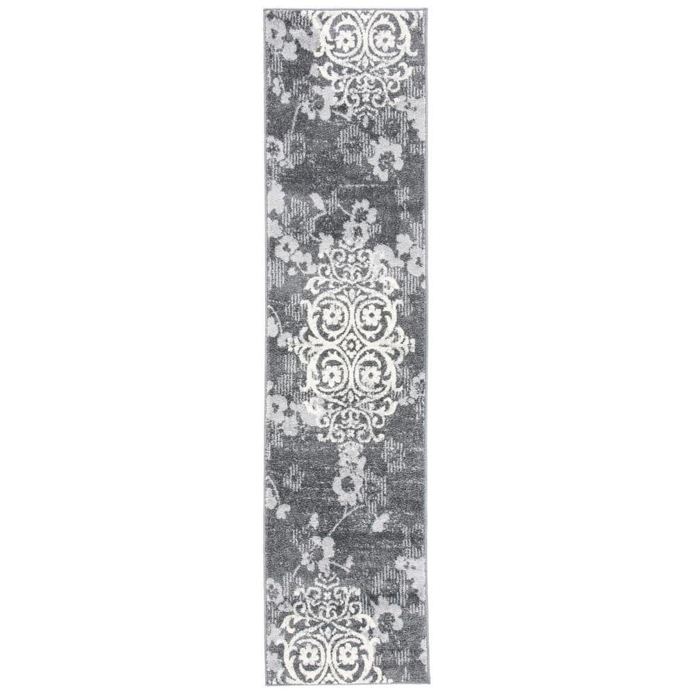 Charcoal and Ivory Floral High Pile Runner Rug