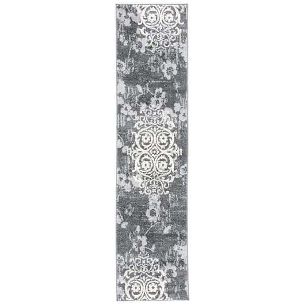 Adirondack Charcoal/Ivory 3 ft. x 6 ft. Floral Damask Runner Rug