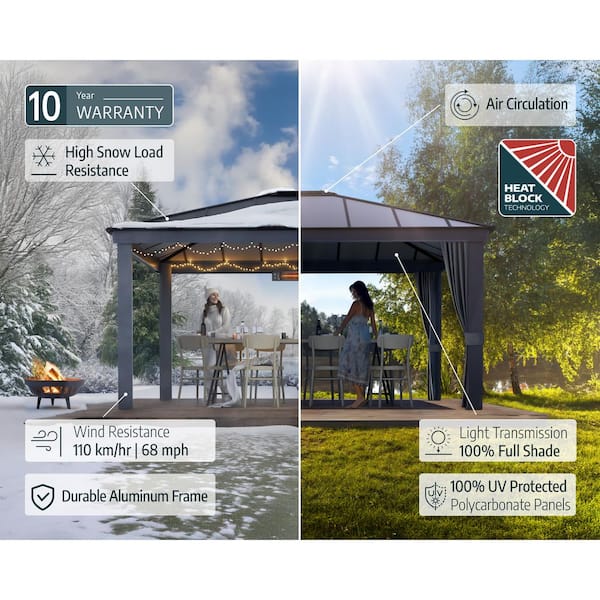 Dallas 12 ft. x 14 ft. Gray/Gray Opaque Outdoor Hard Top Gazebo with Insulating and Sleek Roof Design