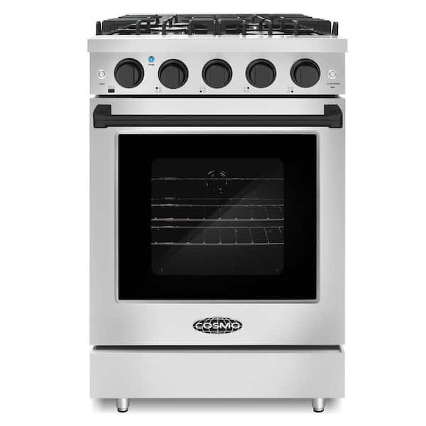 24 in. 3.73 cu. ft. Gas Range, 4 Sealed Burners, Convection Oven, Stainless Steel, Matte Black Handle Knob Kit