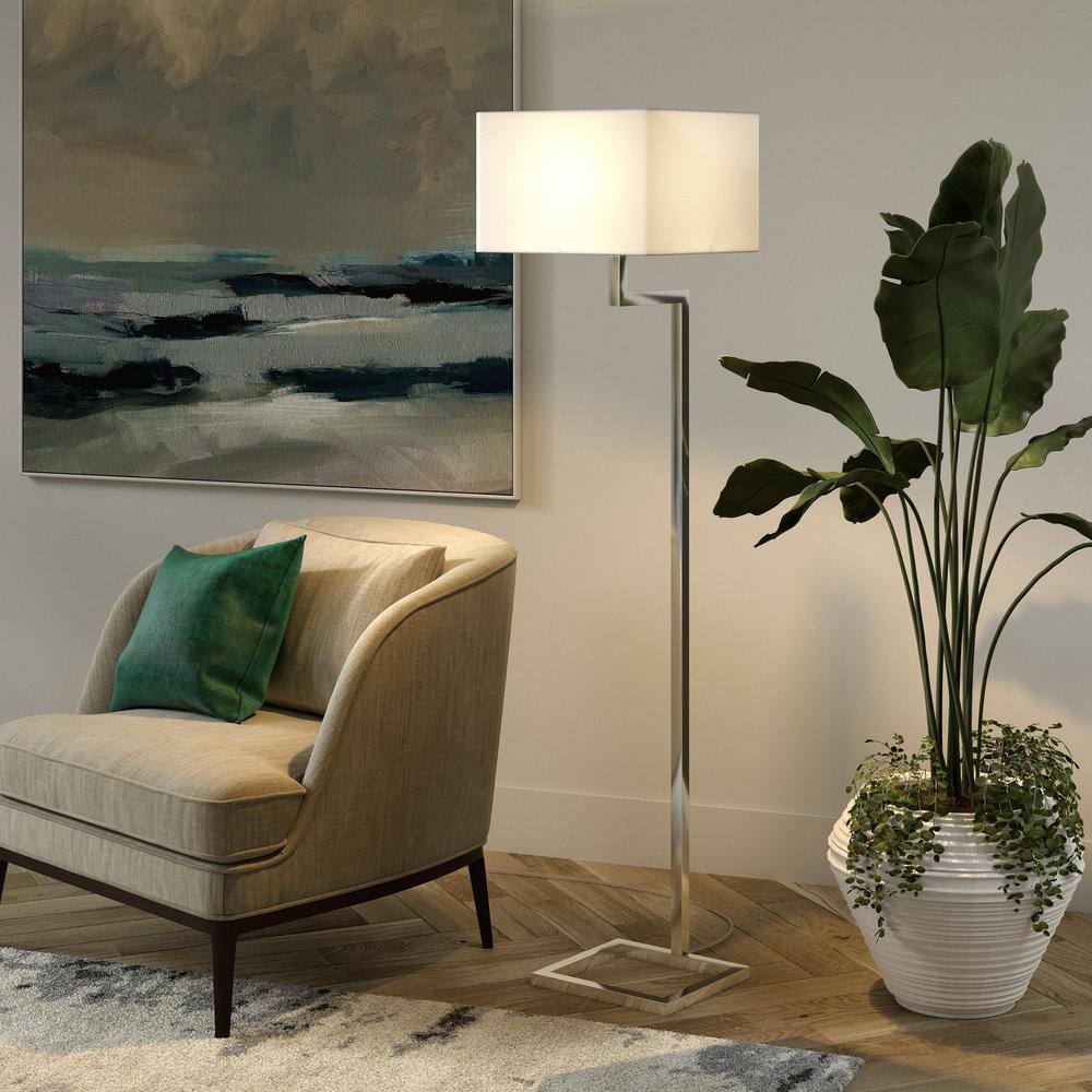 Xavier Smart Voice-Controlled Floor Lamp in Polished Nickel with White Linen Shade