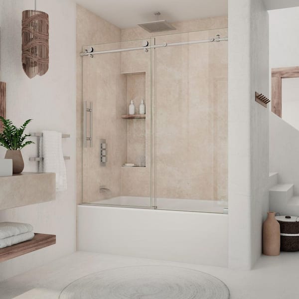 Continuum 59in. W x 62in. H Sliding Tub Door in Brushed Stainless Steel with Clear Glass