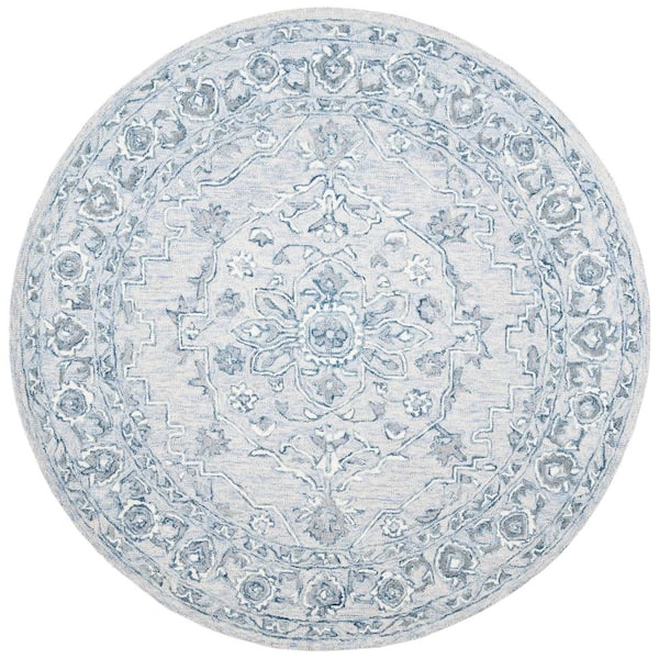 SAFAVIEH Micro-Loop Light Blue/Ivory 5 ft. x 5 ft. Round Border Area Rug