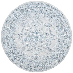 Micro-Loop Light Blue/Ivory 7 ft. x 7 ft. Floral Border Round Area Rug
