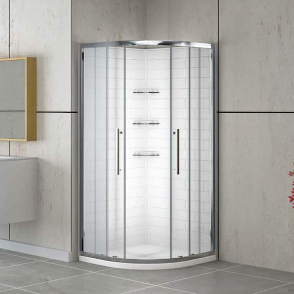 Dreamwerks 36 in. L x 36 in. W x 75 in. H Round Corner Shower Stall/Kit in Chrome with Base and Walls