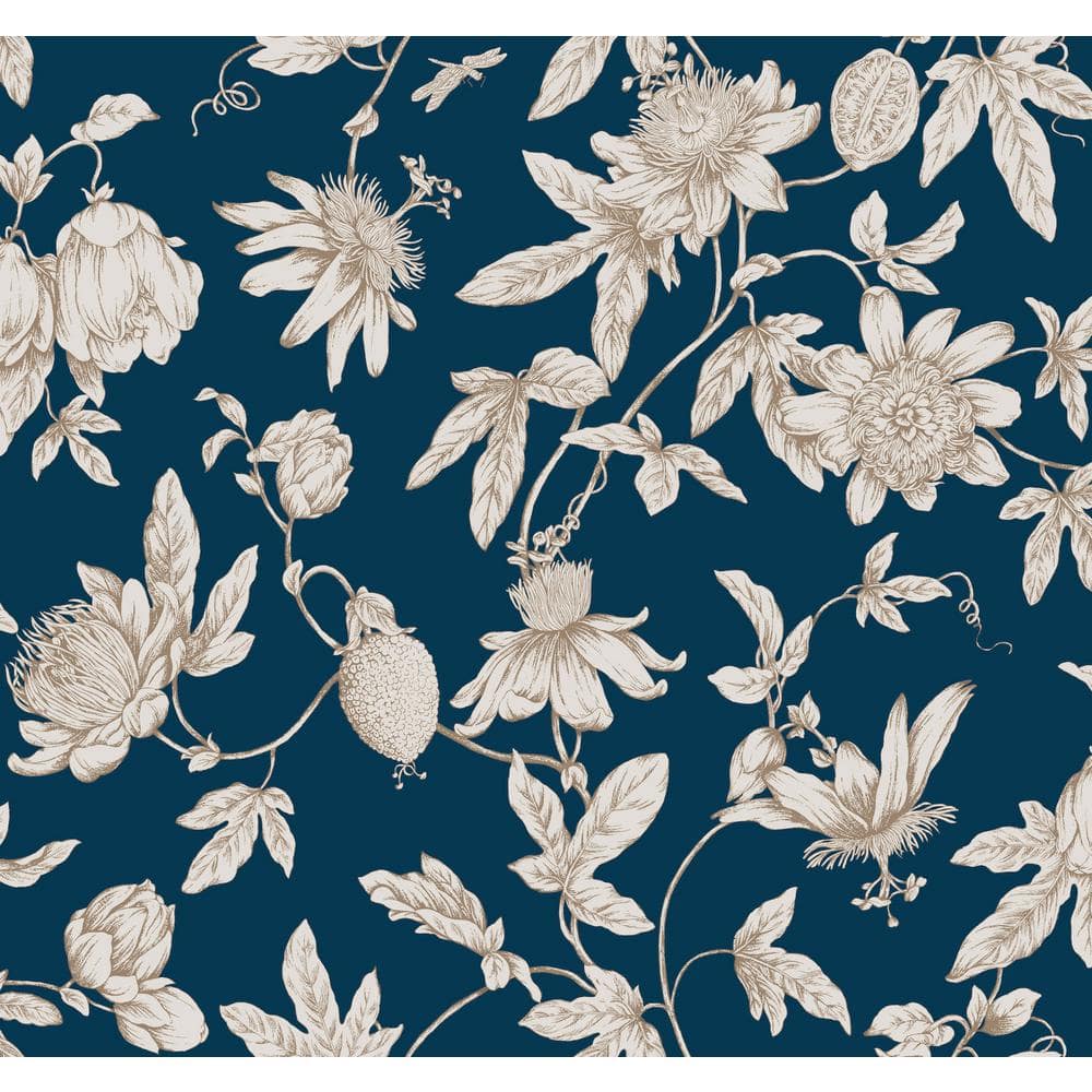 York Wallcoverings Passion Flower Toile Navy Wallpaper Roll Rt7856 