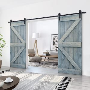 72 in. x 84 in. K Series Denim Blue Stained Solid Knotty Pine Wood Interior Double Sliding Barn Door with Hardware Kit