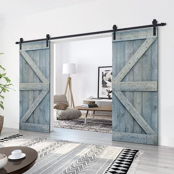 72 in. x 84 in. K Series Denim Blue Stained Solid Knotty Pine Wood Interior Double Sliding Barn Door with Hardware Kit