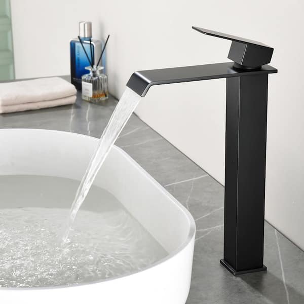 Arc Waterfall Single Handle Single Hole Bathroom Faucet with Drain Kit Included in Black