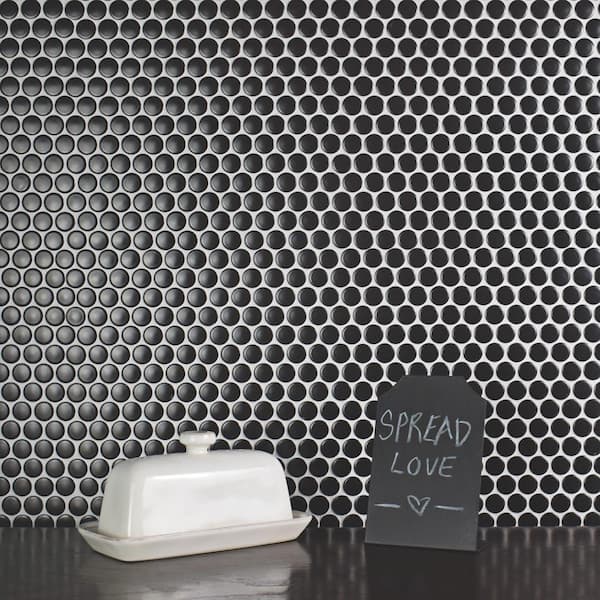 Merola Tile - Hudson Penny Round Matte Black 12 in. x 12-5/8 in. Porcelain Mosaic Tile (10.7 sq. ft./Case)