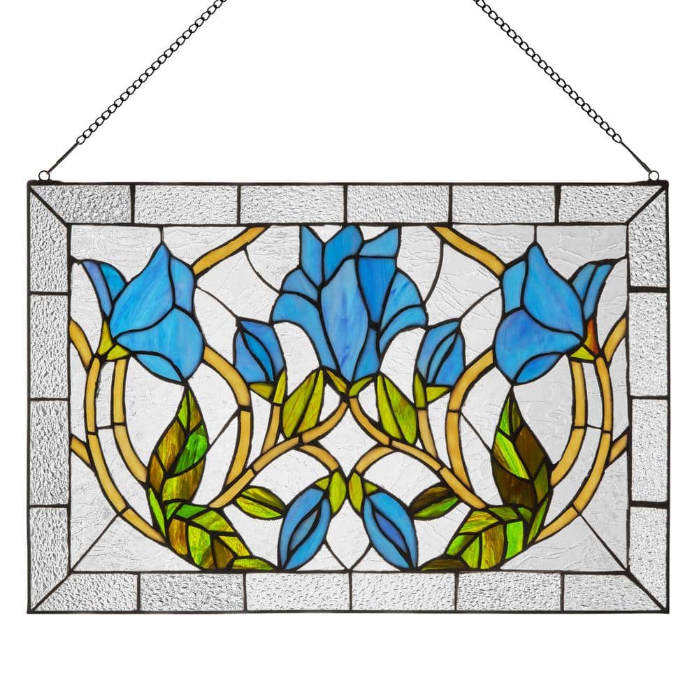 River of Goods Blue Floral Vines Multicolored Stained Glass Window Panel 21369 - The Home Depot