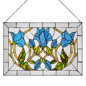 Blue Floral Vines Multicolored Stained Glass Window Panel