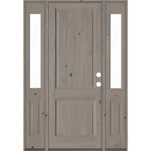 64 in. x 96 in. Rustic Knotty Alder Square Top Left-Hand/Inswing Clear Glass Grey Stain Wood Prehung Front Door w/DHSL