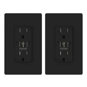 15 Amp 30-Watt Dual Type C USB Wall Charger with Duplex Tamper Resistant Outlet, Wall Plate Included, Black (2-Pack)