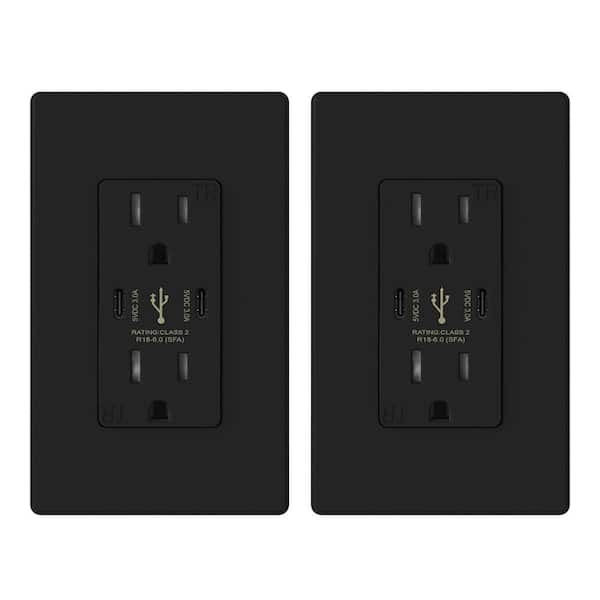ELEGRP 15 Amp 30-Watt Dual Type C USB Wall Charger with Duplex Tamper Resistant Outlet, Wall Plate Included, Black (2-Pack)
