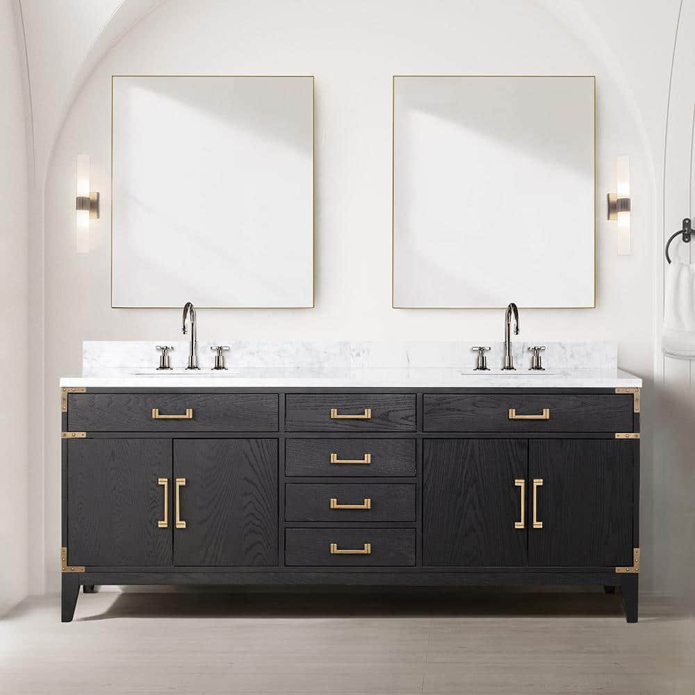 Lexora Fossa 80 in W x 22 in D Black Oak Double Bath Vanity, Carrara ...