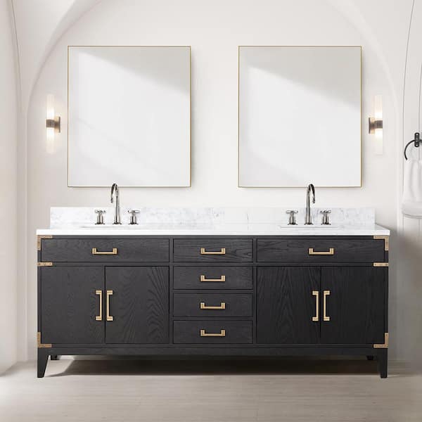 Fossa 80 in W x 22 in D Black Oak Double Bath Vanity, Carrara Marble Top, and 36 in Mirrors