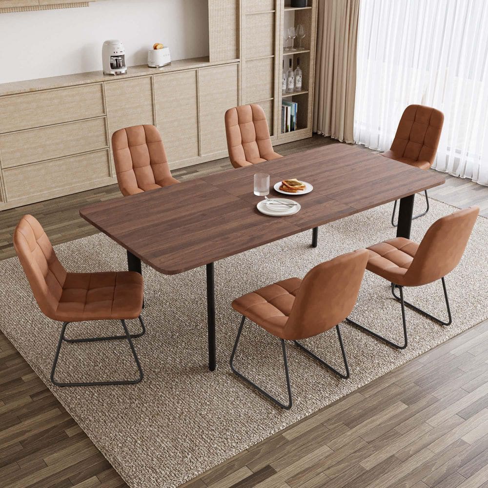 7-Piece Set Brown Chairs and Walnut Rectangular Dining Table, Dining Room Set with 6 Chairs