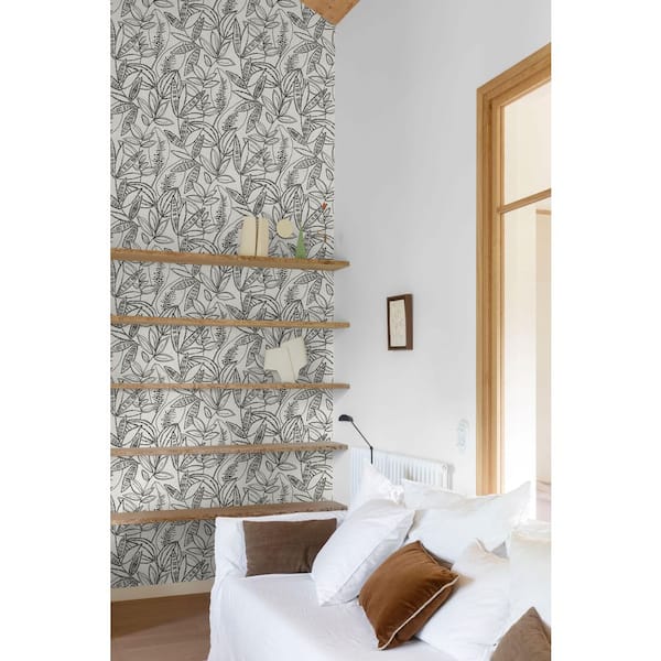 White Black All-Over Branches/Leaves Print Non Woven Non-Pasted Textured Wallpaper 57 sq. ft.