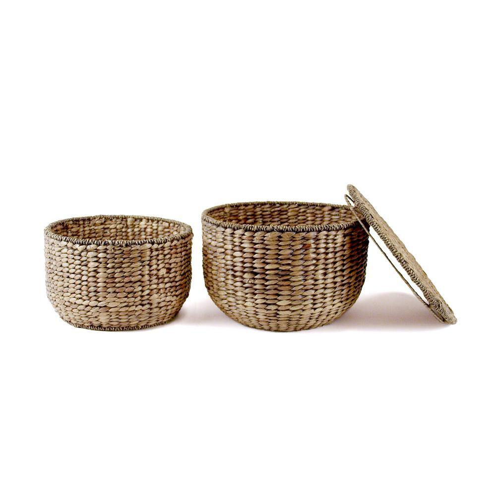 18" Brown Wash Handwoven Hyacinth Storage Accent Table