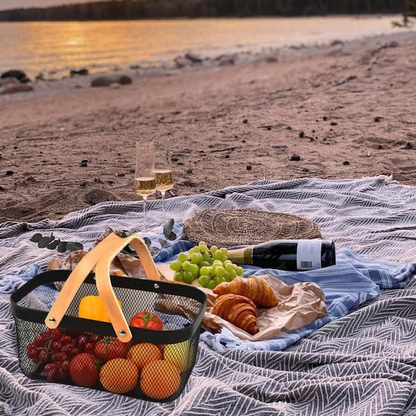 2-Pack Metal Mesh Harvest Basket with Foldable Wooden Handle for Vegetable, Fruit, Picnic, Gathering, Storage, Black