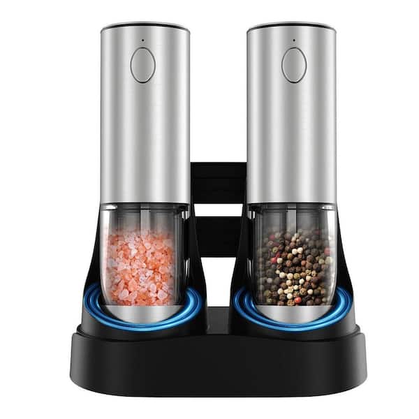 Electric Salt and Pepper Grinder Set w/ LED Light, Adjustable Coarseness, Rechargeable via USB, Includes Charging Base