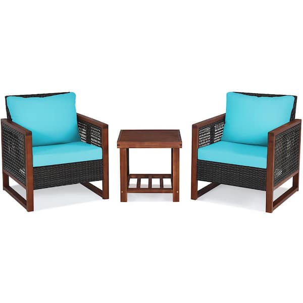 Costway 3-Pieces Wood Patio Conversation Set with Turquoise Cushions