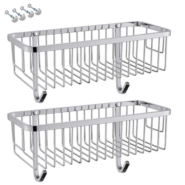 2 Pack Wall Mounted Rectangle Shower Caddy Shower Basket with 2 Detachable Hooks in Stainless Steel Polished Chrome