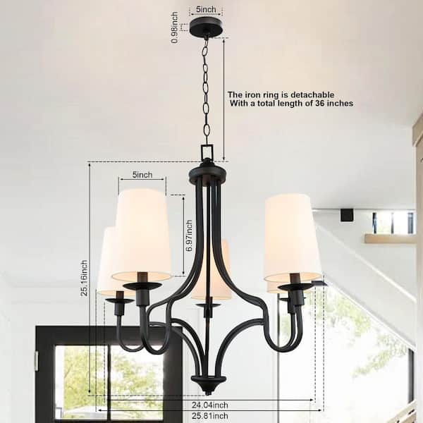 26 in. W, 5-Light Ceiling Light Adjustable Hanging Length Chandelier Black Light Fixture, E12, No Bulbs Included