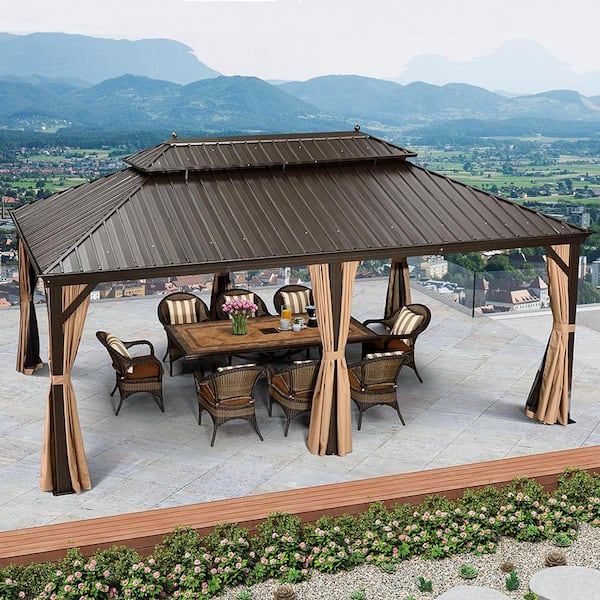 PURPLE LEAF 12 ft. x 20 ft. Bronze Aluminum Hardtop Gazebo Canopy for Patio Deck Backyard Heavy-Duty with Netting and Curtains
