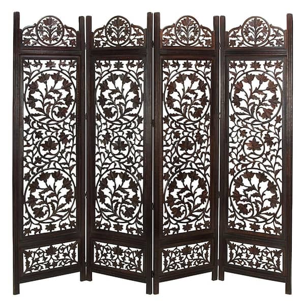 THE URBAN PORT Handcrafted Wooden Antiqued Brown 4-Panel Room Divider Screen Featuring Lotus Pattern-Reversible