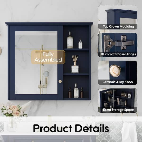 Forclover Assembled Solid Wood 34-in x 30-in Surface Mount Gray Mirrored Soft Close Medicine Cabinet