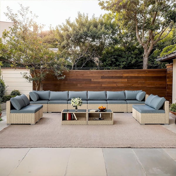 12-Piece Wicker & Metal Outdoor Sofa Sectional Set with Coffee Table and Blue Gray Cushions