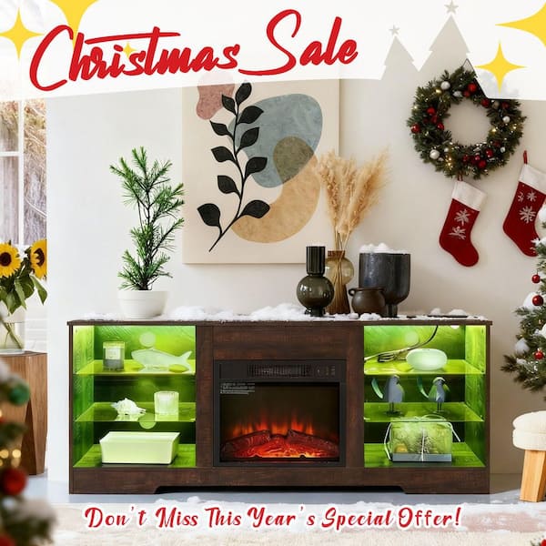 58 in. W Freestanding Wooden with LED Lights and USB Charging Outlet 3D Electric Fireplace TV Stand in Espresso