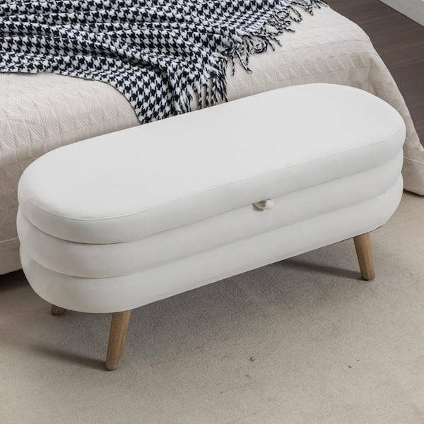 Noble House Faye Ivory Velvet Modern Oval Storage Ottoman With Wood Legs