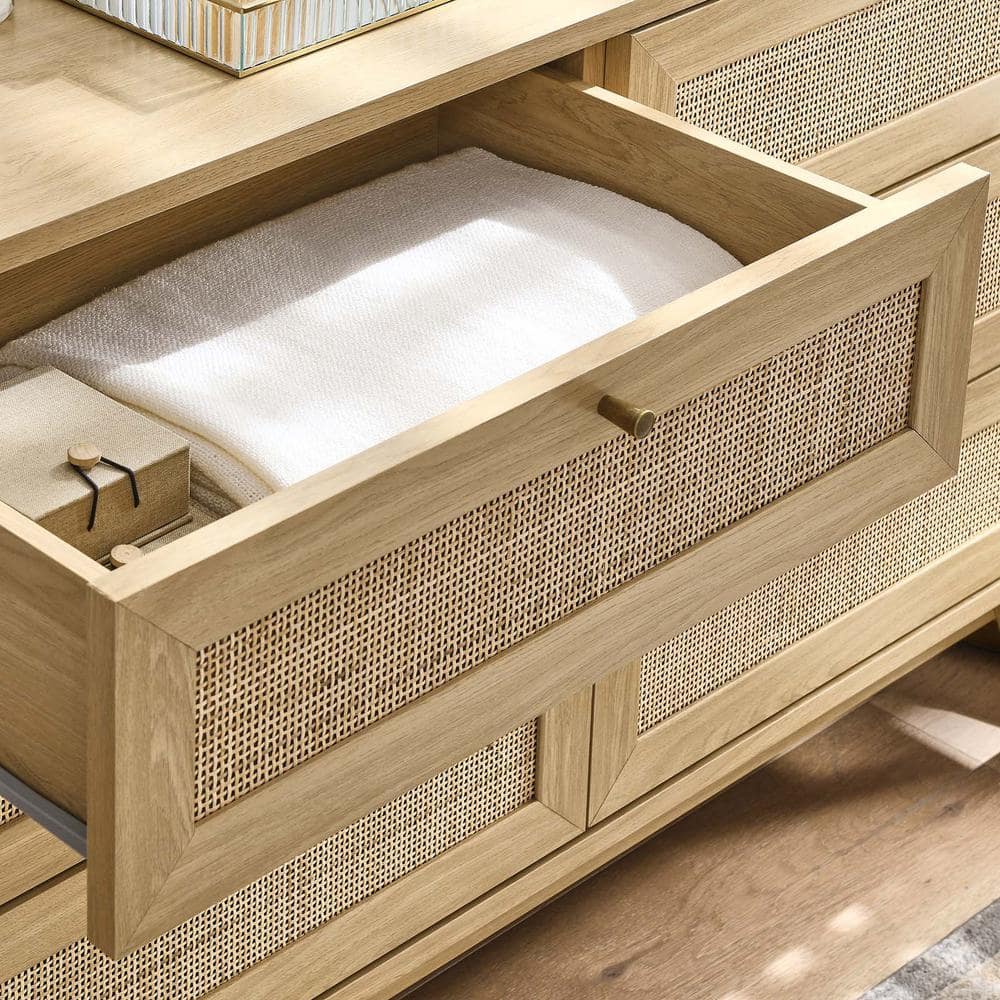 Soma 6-Drawer Double Dresser with Rattan Weave - Oak