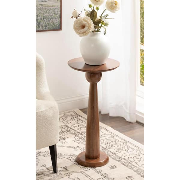 Kate and Laurel Jakob 12 in. Walnut Brown Round Solid Wood End Table