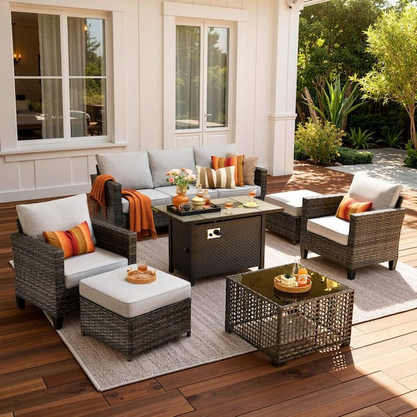Nvelyn Gray 7-Piece Wicker Patio Fire Pit Table Conversation Set with Gray Cushions and Coffee Table